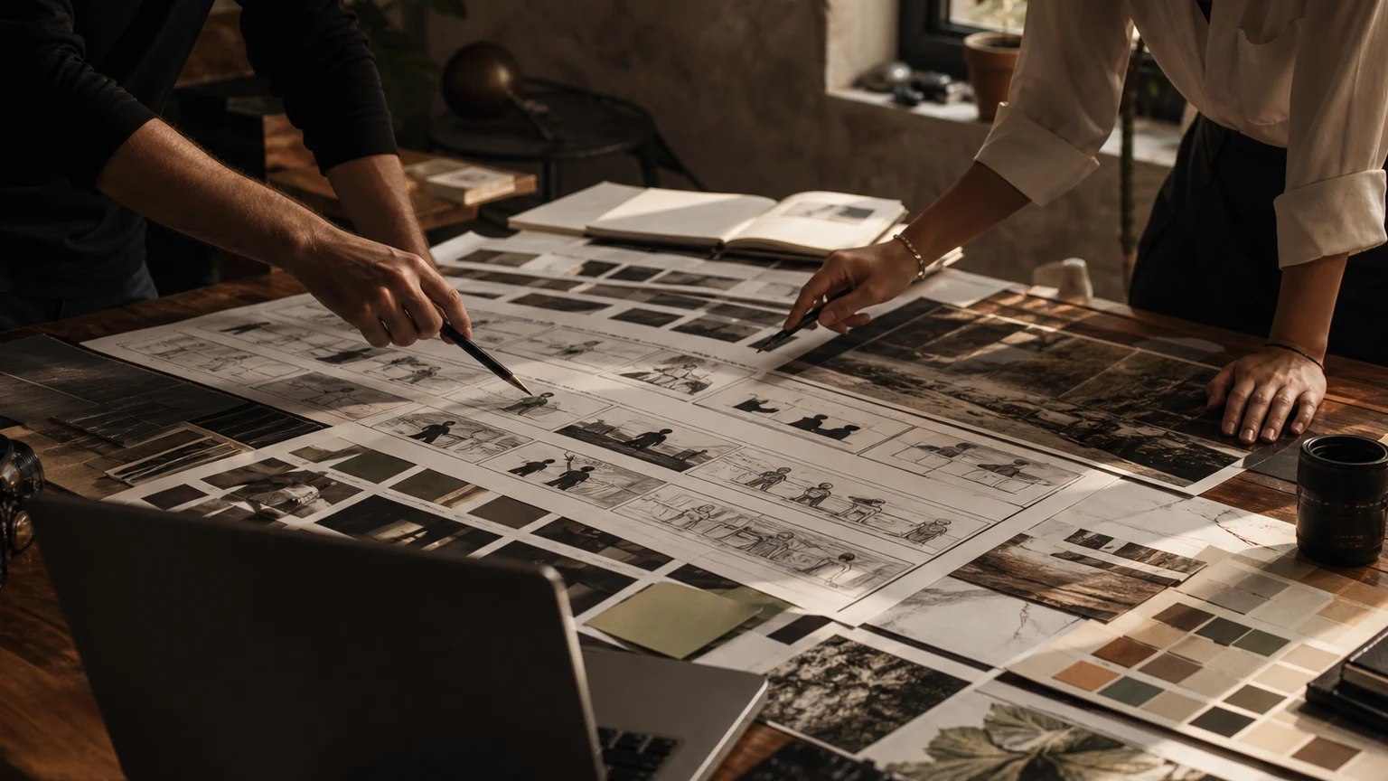 Creative team reviewing a campaign storyboard and visual direction